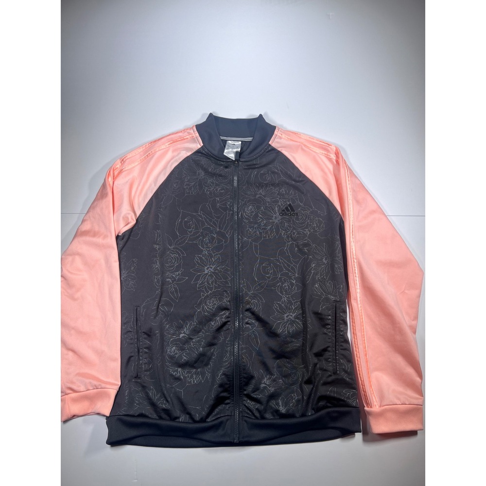 Adidas Track Jacket Womens XL Grey Pink Floral Rose 3-Stripe Full Zip Bomber